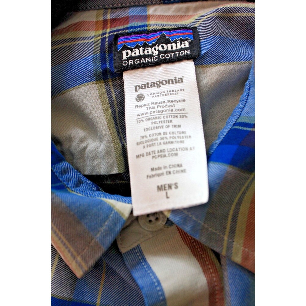Patagonia Shirt Mens sz Large Blue Cream Plaid Organic Cotton Lightweight - Picture 4 of 4